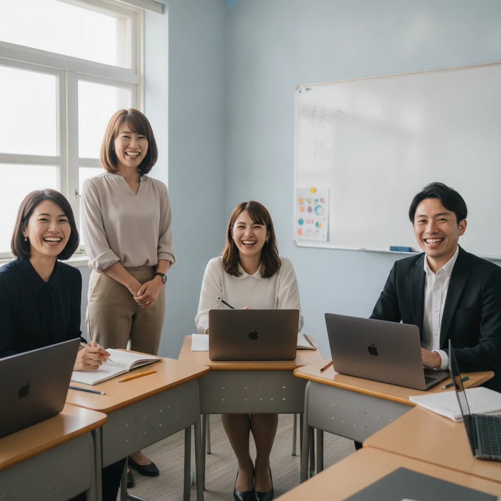 教室で講師と受講生が並んでいる様子