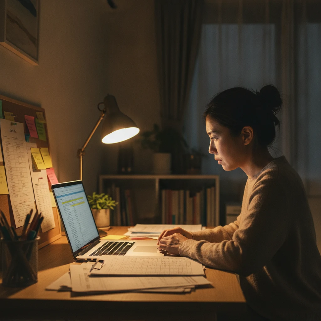 夜のデスクでスクールの次の一手を考える運営者