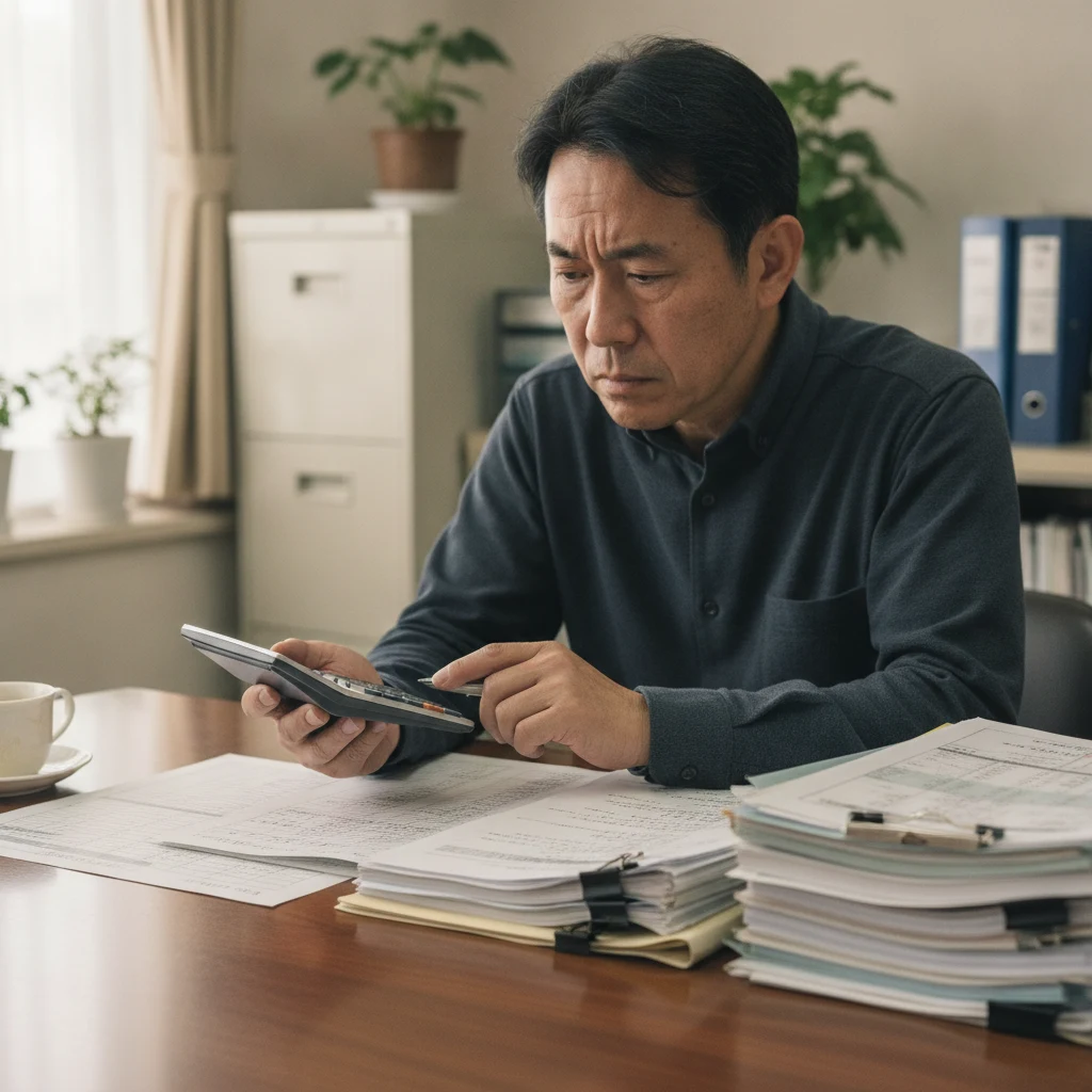 電卓と台帳で入金や報酬を計算している様子