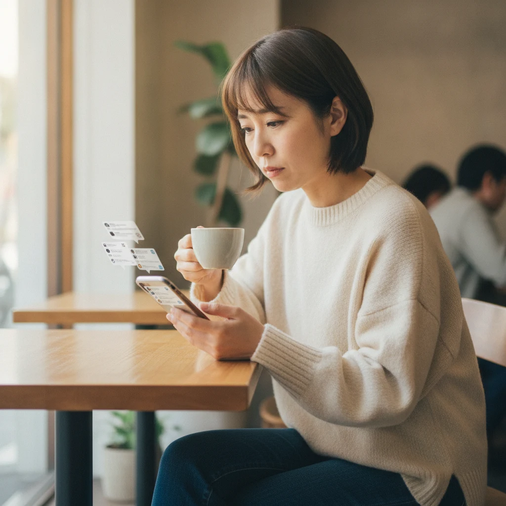 スマートフォンで各SNSに投稿を貼って回る様子